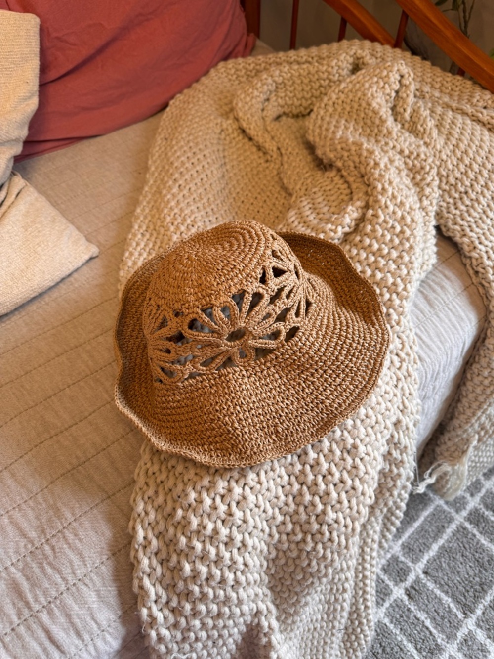 Haute Hippie Brown Crochet Floral Cutout Sun Hat